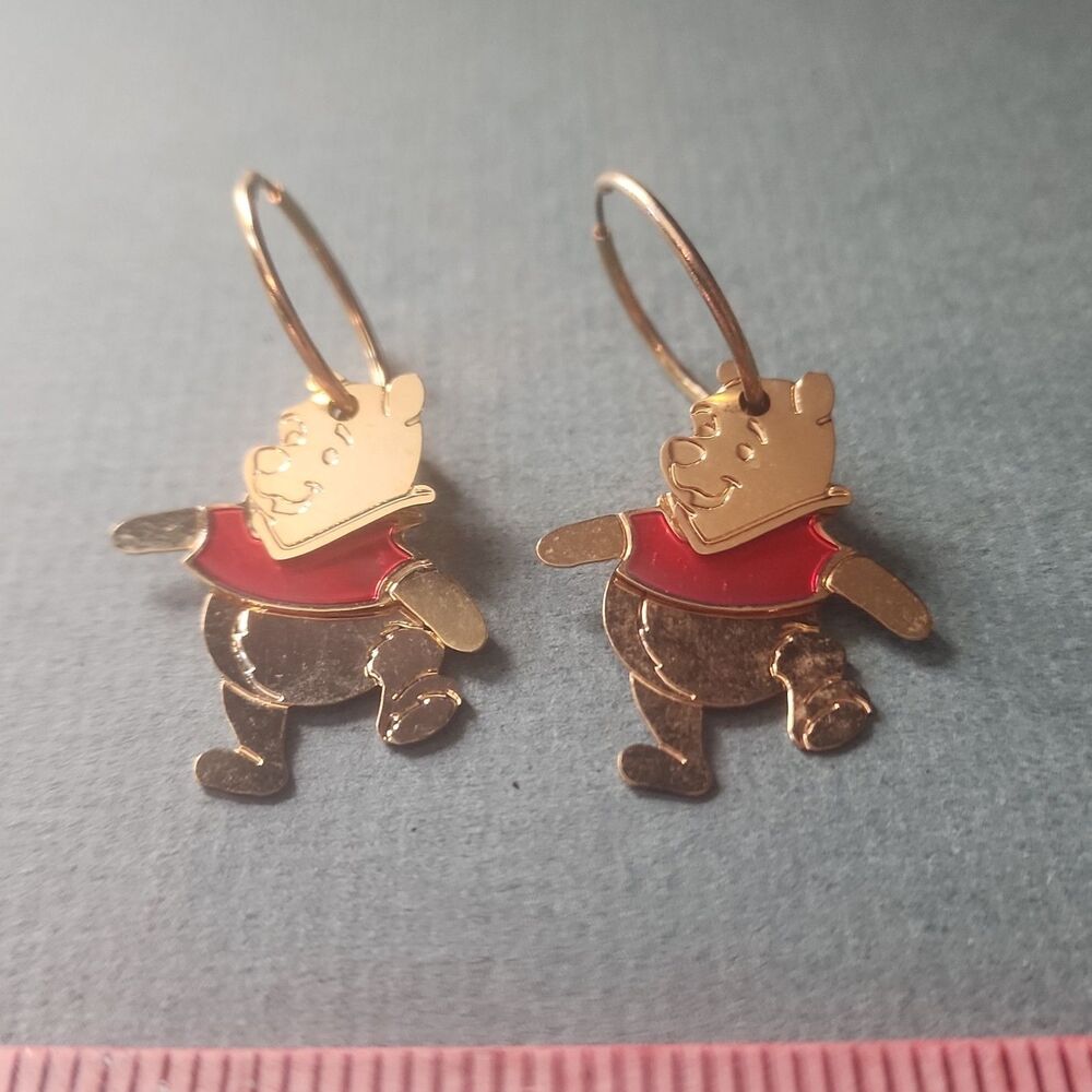 Disney WINNIE THE POOH Gold Tone Hoop Earrings Red Enamel Dangle Charms Vintage